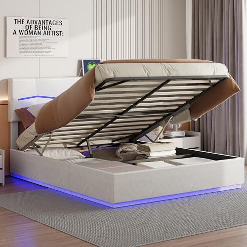 BRILVERDE Polsterbett 180x200 cm, LED Doppelbett USB, Hydraulisch Stauraumbett, Jugendbett mit kopfteil, Bettgestell mit Lattenrost, Bettrahmen für Erwachsene, PU (Beige, 180x200 cm)
