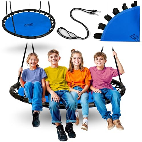 Neo-Sport Nestschaukel Outdoor 120 cm - Hängeschaukel mit Gestell - Maximale Belastung 150 kg - Wasserfest - Rund - Blau