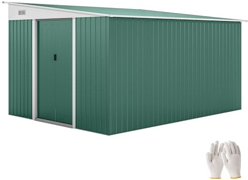 Outsunny Casetta da Giardino 8.9m² in Acciaio Zincato con 2 Prese d'Aria, Capanno Porta Attrezzi con Tetto Inclinato, Doppie Porte Scorrevoli Bloccabili e Guanti, 280x345x169/201cm, Verde