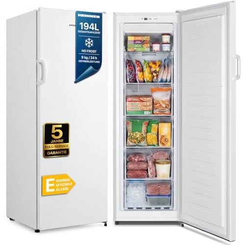 Heinner Gefrierschrank Nofrost 194 L, Tiefkühlschrank 169,1 cm hoch, Weiß | No Frost mit Umluft, 6 Fächer, 41 dB, Energieklasse E, freistehend, Gefriervermögen 9 kg/24 h, LED-Display