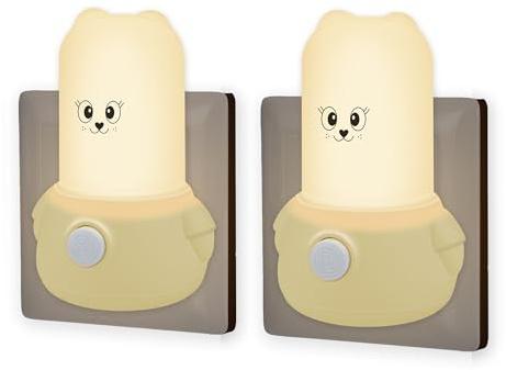 Wetry Kinder Nachtlicht Steckdose mit Druckschalter, 2er Pack, Bären | Warmweiß Licht, Energieeffizient, 1W, Niedliches Tier-Design
