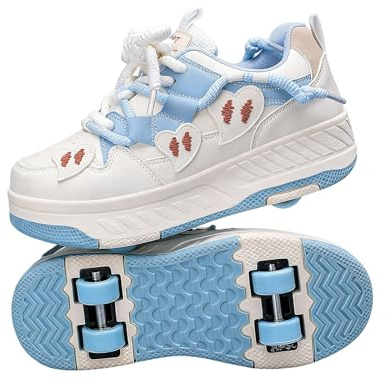 Hixingo Kinder Schuhe mit Rollen, Rollschuhe Schuhe für Mädchen, Abriebfest Skateboardschuhe 2-in-1-Multifunktional Sneaker 30-40 EU (Blau Herz,37)