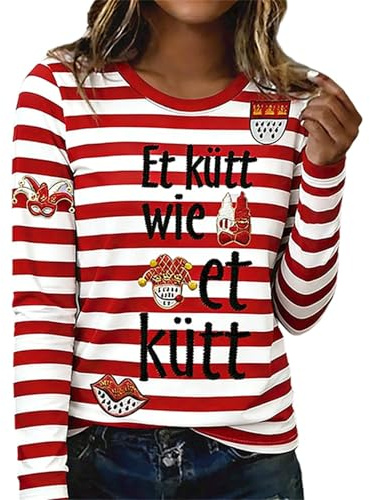 Ringelshirt Damen Rot-Weiß Gestreiftes Langarmshirt Baumwolle für Karneval, Fasching, Matrosen Kostüm und Basic Casual Oberteil beim Kölner Rosenmontagsumzug oder rheinischen Sitzungen