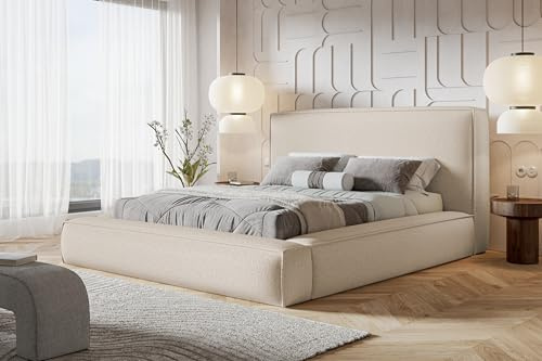 AlpiMeble Bett 120x200 - Polsterbett mit Bettkasten und Holzrahmen - Modern Bett - Eleganter Catch-Me-Stoff - Kollektion Luna Maxi - Beige