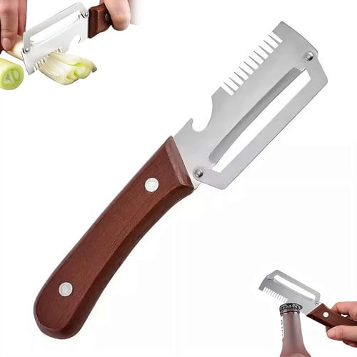 Multifunctional Vegetable Peeler, 3-in-1 Serrated Peelers,Serrated Scallion Knife,Stainless Steel Blades Peelers with Wooden Handle, Slip Resistant Fruit Peeler for Kitchen(1 Pcs)