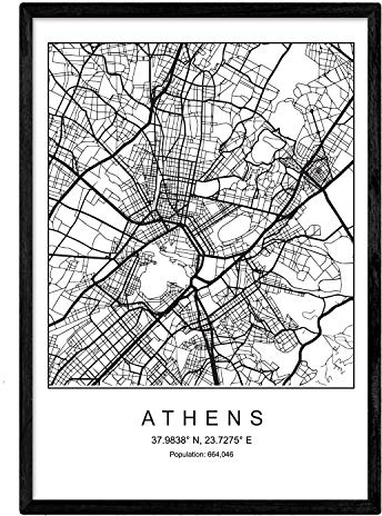 Nacnic Lame Athènes carte de la ville de style nordique noir et blanc. affiche de format A3 papier imprimé No 250 gr. Peintures, estampes et affiches pour le salon et chambre à coucher