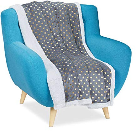 Relaxdays Grey Cuddle Blanket goldenen Herzen, Flauschige Kuscheldecke, Lammfelloptik, zweiseitig, 150x200 cm, grau/weiß, Polyester