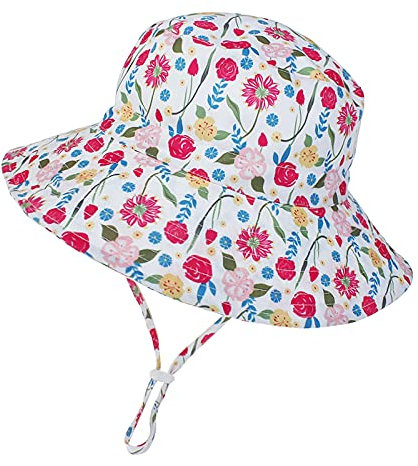 Mädchen Sonnenhut Kinderhut Fischerhut Sommer Verstellbarer Hut mit Breiter Krempe UV-Schutz UPF 50+ für den Urlaub Reise Outdoor-Aktivitäten (Rose Blume)