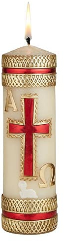 Needzo Catholic Paschal Easter Candle, Alpha Omega Unscented Pillar Candles for Mass, Baptism, Confirmation, Lent, Holy Week Church Supplies or Home Decoration, 8 Inches