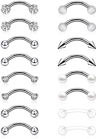 Longbeauty 16G Edelstahl Augenbrauen Piercing CZ Gebogen Bananen Barbells Bauchnabelpiercing Tragus Daith Helix Knorpel Punk Stil mit Ketten, 16 Stk