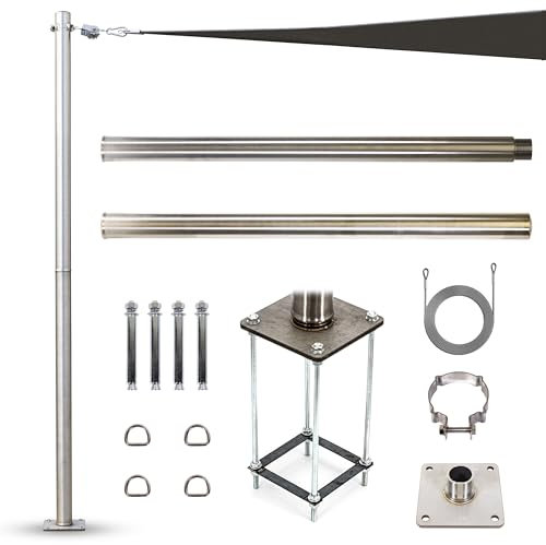ShadeMart 8ft Stainless Steel Pole with Base Plate & Height-Adjustable Mounting Clamp - Easy Installation Sun Shade Sail Pole, Light String Pole, Sign Post, Fence Post - Ideal for Outdoor, Garden