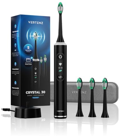 VERTENZ Crystal 30 Black | Elektrische Zahnbürste Schallzahnbürste | 4 Bürstenköpfen | Reiseetui | 2-Minuten-Timer | 5 Modi | Andruckkontrolle für Zahnpflege | Gesundes Zahnfleisch | Schwarz