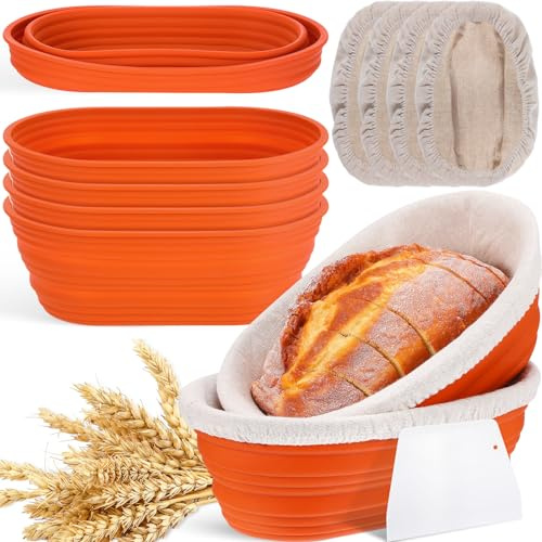 Nuogo 4 Pack Oval Silicone Bread Proofing Basket 10 Inch, Orange