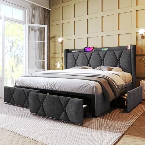 Lit 140x200 Avec Sommier, Fonction de Charge USB, Coffre de Rangement, Tête de Lit, Lattes et 4 Tiroirs - Lit Double Rembourré Pour 2 Personnes