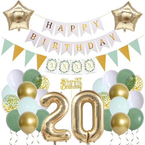 20 Jahre Frauen Geburtstagsdeko Grün Weiß Gold Folienballon 20 Gold Zahlenballon 20. Geburtstag Deko Frauen Happy Birthday Deko