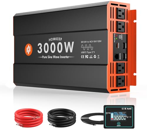 Onduleur de puissance à onde sinusoïdale pure 3000 W DC 12 V vers 110 V, puissance de crête de 6 000 W pour camping-car, camping-car, onduleur solaire avec 4 sorties AC, 2 ports