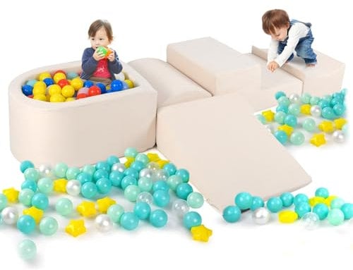COSTWAY 5 TLG. Schaumstoffbausteine, Riesenbausteine mit Bällebad, Großbausteine zum Toben und Klettern, Kletterblöcke Softbausteine Kinder für Spielzimmer, Kinderzimmer (Beige)