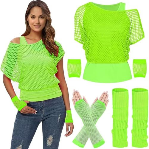 Aerobic Outfit 80er Damen Accessoires, Netzoberteil Damen 80er Jahre Outfit Festival - Sexy Netzshirt Netztop Faschingskostüme Neon Party Outfit 90er Netzo Oberteil Karneval Kostüm Mottoparty