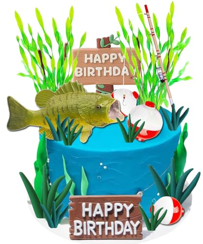 YGCHEN Angeln Tortendeko Fisch Kuchen Deko Geburtstag Angeln Dekoration Fishing Happy Birthday Cake Topper Angler Kuchen Topper Kindergeburtstag Dekoration 17 Stück