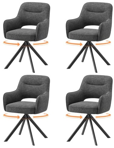 COLAMY Drehbare Esszimmerstühle 4er Set mit Armlehnen, Drehbare Polsterstühle für Küche & Esszimmer aus weichem Florstoff mit Metallgestell und Rückenlehne, für Esszimmer, Küche, Büro,Grau