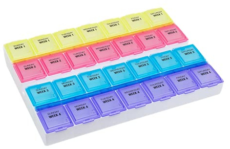 EZY DOSE Monthly (28-Day) Pill Case, Daily Medicine Planner, Vitamin Organizer, Supplement Container, One Month, Large Contoured Compartments, Convenient and Easy to Use, Colored Lids, BPA Free