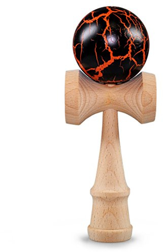 Ganzoo Kendama Buchenholz, Japanisches Holz-Sportgerät für Geschicklichkeit mit Lochkugel am Seil, 3 Fangmulden, Auffangstift und Fangbecher, Balancing, Reaktion, 16 cm, schwarz Flash + Holz