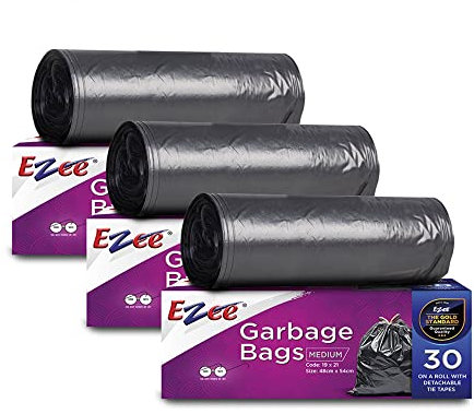 Ezee Garbage Bags/Dustbin Bags/Trash Bags - Medium - 19X21 Inches - Pack Of 3, Black - (30 Bags Per Roll, plastic)