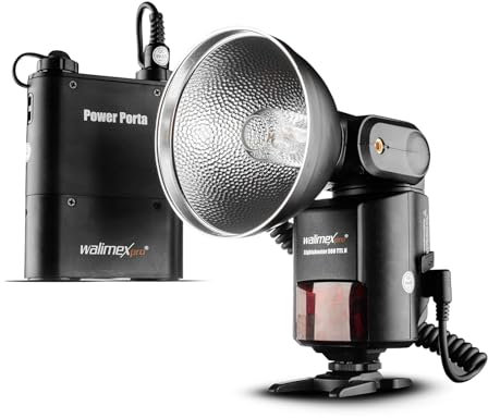 Walimex pro Light Shooter 360 TTL/N Blitzgerät (inklusiv Blitzröhre, Reflektor, Diffusor, Tasche, 1x Power Porta, Verbindungskabel, Tragegurt, Netzladegerät) schwarz