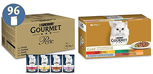 Purina Gourmet Perle Country Medley, 96 x 85g & Gold Feine Komposition:Katzennassfutter, hochwertige Tiernahrung für ausgewachsene Katzen, Dose, 12 x 4 x 85 g