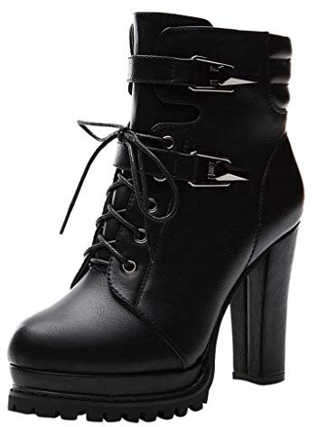 Xmiral Schnürstiefel mit dicken Absätzen für Damen, Stiefeletten mit dicken Sohlen im britischen Stil für Frauen, wasserdichte Plateau-Damenstiefel mit hohen Absätzen(39,Schwarz)