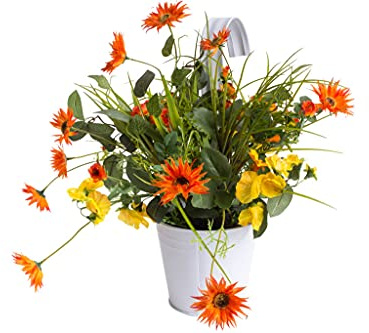 Botanic-Haus künstliches Sommerblumen Arrangement (Blumenbouquet) im weißen Metallhängetopf (orange-gelb)