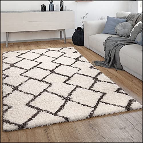 Paco Home Hochflor Teppich Wohnzimmer Shaggy Langflor Skandinavisches Rauten Muster Modern, Grösse:120x160 cm, Farbe:Creme 3