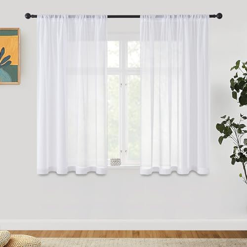 CUTEWIND Gardinen Kurz Volie Vorhänge mit Stangendurchzug Halbtransparent Vorhang aus Polyester Gardinen Wohnzimmer 140x160cm(BxH) 2er Set Weiß