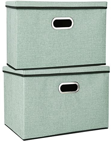 Youyijia 2 Pack Storage Boxes with Lids 45x30x30cm Large Collapsible Storage Baskets for Shelves Foldable Linen Fabric Storage Bins with Handle Cube Storage Unit for Organizing Clothes Toys(Green)