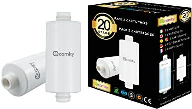 Ecomky Pack 2 Cartuchos Recambio Filtro Ducha 20 Etapas Reemplazable Purificador Agua FC-202 Vitamina C Protege Piel y Cabello Reduce Cloro y Metales Alivia Picores