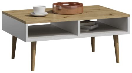 MATKAM Couchtish Isla H46 x B100 x 50 cm, in Retrooptik, 2 offene Ablagefächer, konischen Beine (Artisan Eiche-Weiß)