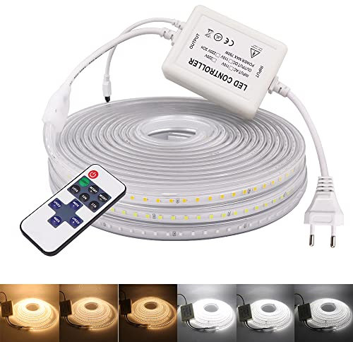 Wisada 220V Tiras LED con regulador de intensidad,SMD 2835 120LEDs/m, IP67 Impermeable, Escalera de Techo Tira de LED Cocina Cable Luces Flexible LED Strip Light Decoración (10m, Blanco)