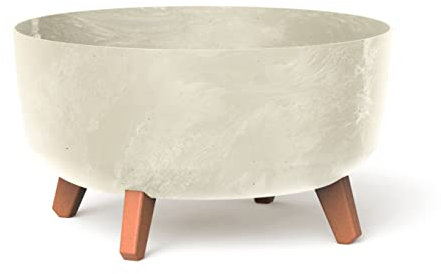 Large Round Low Modern Look Planter Flower Plant Pot Indoor Outdoor Garden Decor Wooden Look Legs (Cream)