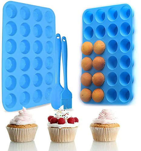 2 Pack Mini Muffin Tray 24 Cup Silicone Muffins Pan, Non-Stick Cupcake Tin, Silicon Mould Bakeware, Reusable Baking Case for Mini Mince Pie, Cupcakes, Dishwasher Safe,Bakeware(Blue)