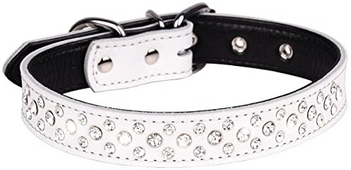 Serijoars Strass Hundehalsband für Kleine Mittlere Große Hunde, Einstellbar Glitzernd Kristall Weich Echtes Leder Bling Hundehalsbänder (L, Weiß)