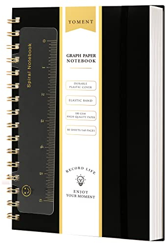 Yoment Graph Paper Spiral Notebook A5 Graphing Notebook 160 Pages Graph Paper Notebook Spiral Bound Waterproof Plastic Hardcover Spiral Journal 5x7 Grid Notebooks for Note Taking,Black