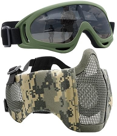 Yzpacc Airsoft Maske mit Brille, Faltbare Half Face Airsoft Mesh Maske mit Ohrenschutz für Paintball Schießen Cosplay CS Spiel, ACU+Green