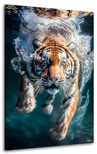 Kunstgestalten24 Leinwandbild Tauchender Tiger Tier Natur Bild Kunstdruck Raum Wand Dekoration