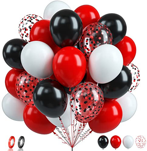 Luftballons Rote und Schwarze, 60 Stück Rot Weiß Schwarze Luftballons Geburtstag, 12 Zoll Schwarz Rote Konfetti-Luftballons, Rot Weiß Latexballons für Geburtstag Karneval Babyparty Piratenparty Deko