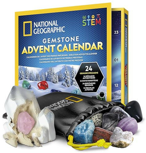 NATIONAL GEOGRAPHIC Calendario dell'Avvento con gemme 2024 – Calendario dell'Avvento per bambini con 24 pietre preziose da aprire quotidianamente, collezione completa di pietre, mini set di scavo