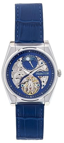 HERITOR Daxton Automatikuhr für Herren – 43 mm Herrenuhr mit Juwelen-Automatikwerk, 316L Edelstahlgehäuse, Echtlederarmband, Blau, HERHS3003