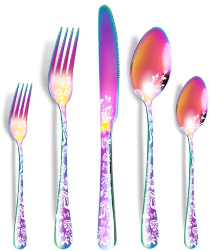 XIAOYU 5 Pieces Silverware Set, Black Flatware Set, Stainless Steel Mirror Polished Cutlery Set, Spoons Forks Knives Set with Unique Floral Laser, Rainbow