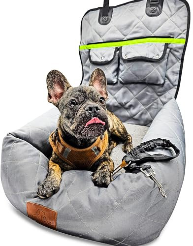 fell&bell Hunde Autositz Mittelgroß Grau | 2-in-1 Hundebett, Doppelt Gesichert, Bequem & Stylisch, Einfacher Aufbau, Ideal Für Reisen