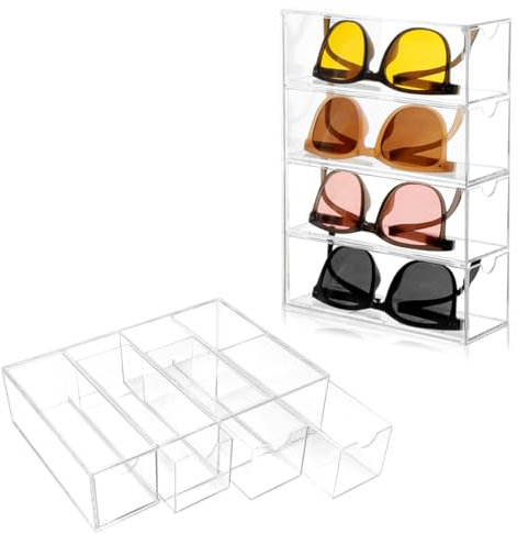 HMIEPRS Scatola di Stoccaggio per Occhialida Sole in Acrilico con 4 Cassetti, Scatola Portaoggetti per Occhiali Trasparenti, Organizer Scatole per Occhiali, Gioielli, Cosmetici, Casa, Ufficio (1)