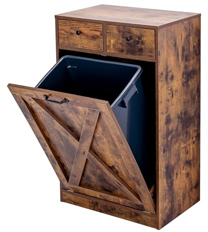 Zvyteay 13 Gallons Tilt Out Trash Can Cabinet, Wooden Trash Cabinet with 2 Drawers, Free Standing Kichen Waste Bin Recycling Cabinet Pet Proof Hidden Trash Cabinet for Kitchen (Brown)